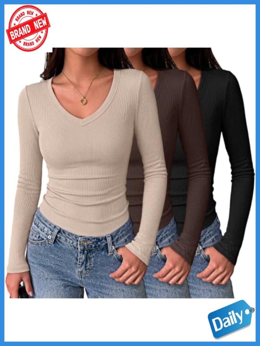 Long Sleeve V Neck Tops for Women Ribbed Slim Fit Basic Tee Casual Work